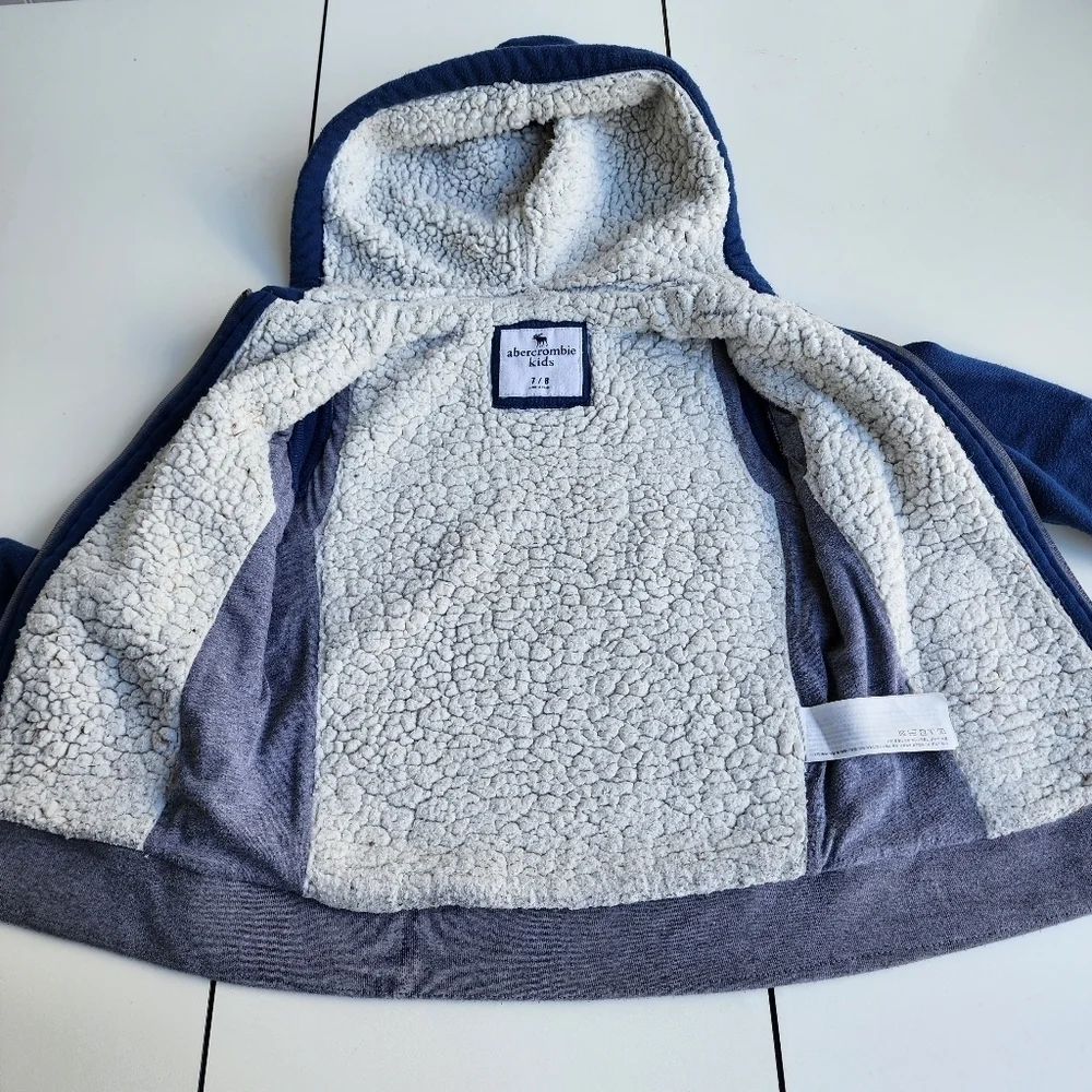Abercrombie Kids Hoodie Sweatshirt blue Gray Full Zip Jacket Sherpa Lined 7/8